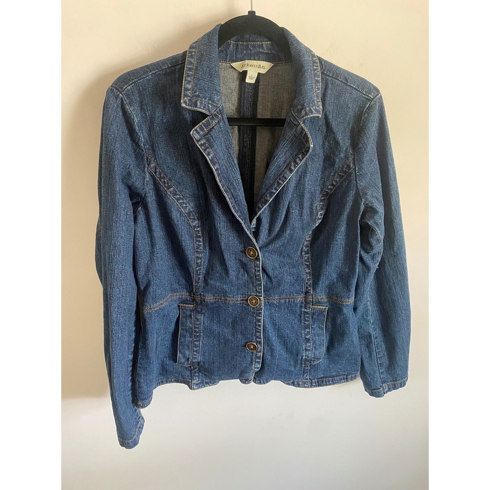 St Johns Bay Womens Denim Blazer Jacket Medium Wash Blue Button Front Size L